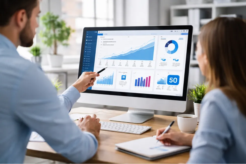 Two people reviewing a website analytics dashboard with rising charts on a monitor