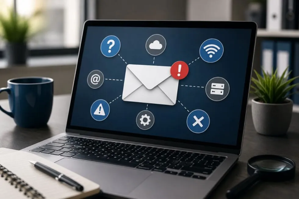 Laptop showing an email with a warning sign, surrounded by icons for common email problems