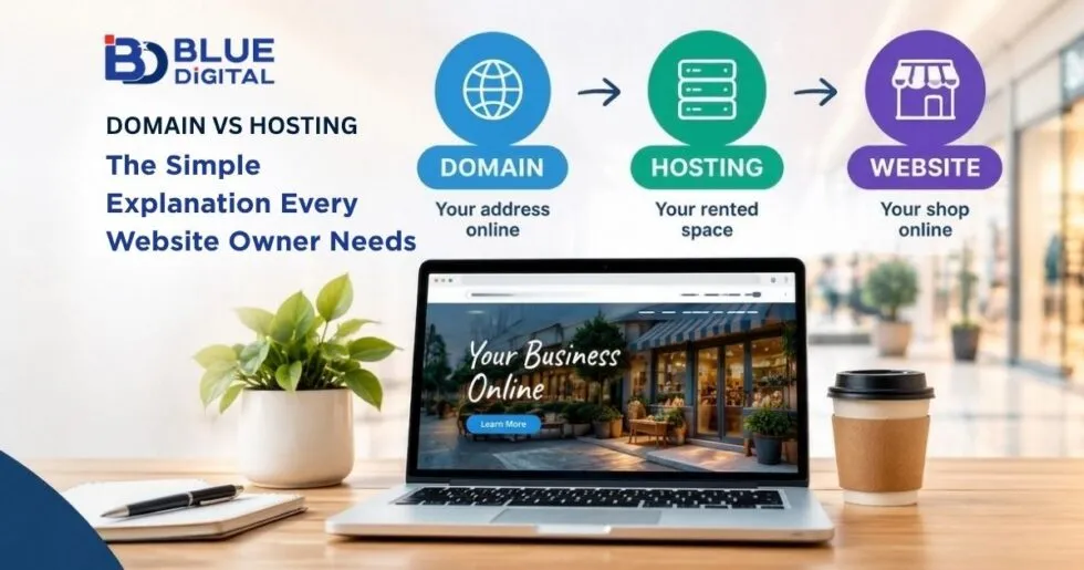 Diagram of a domain, hosting and a website linked together, above a laptop showing a shop’s website