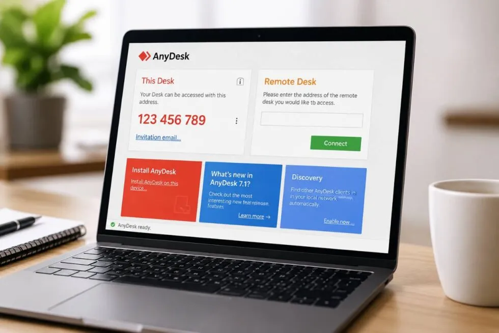 AnyDesk on a laptop screen, showing the desk address you share for remote support