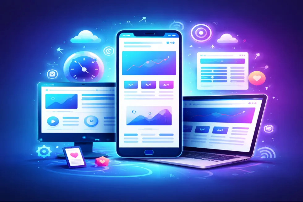 The same website shown on a phone, a laptop and a desktop screen