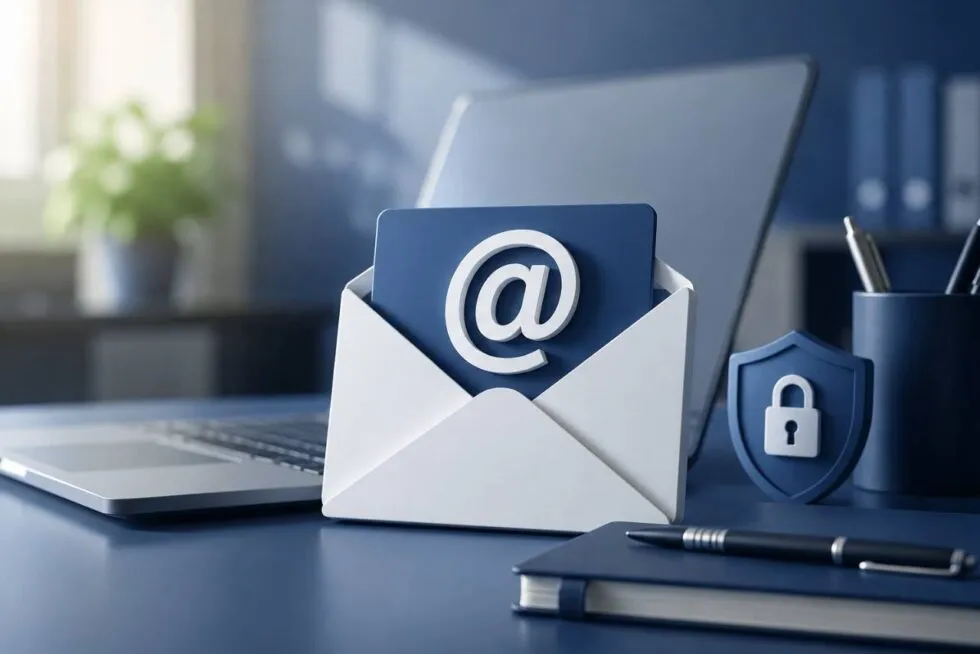 Envelope with an @ sign beside a padlock shield, for a secure business email address