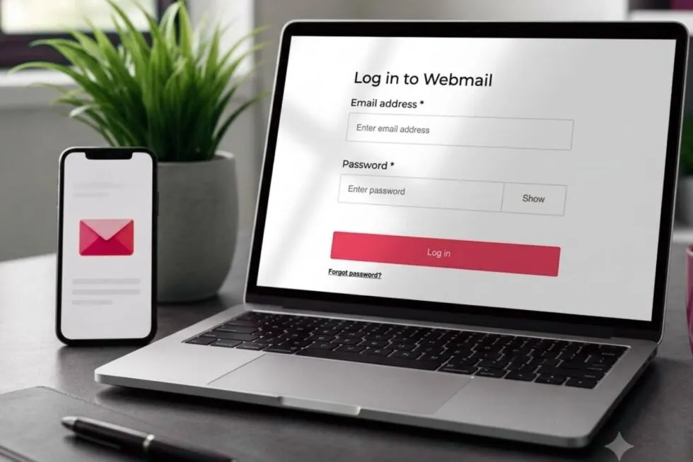 Webmail login screen on a laptop, beside a phone showing a new email