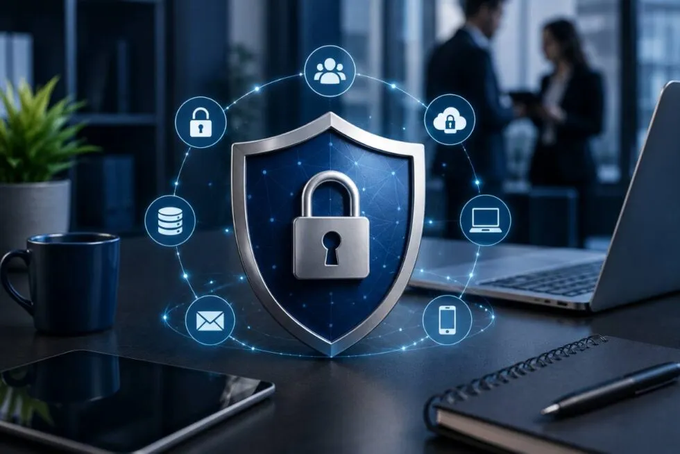 Shield with a padlock connecting data, devices and email in an office