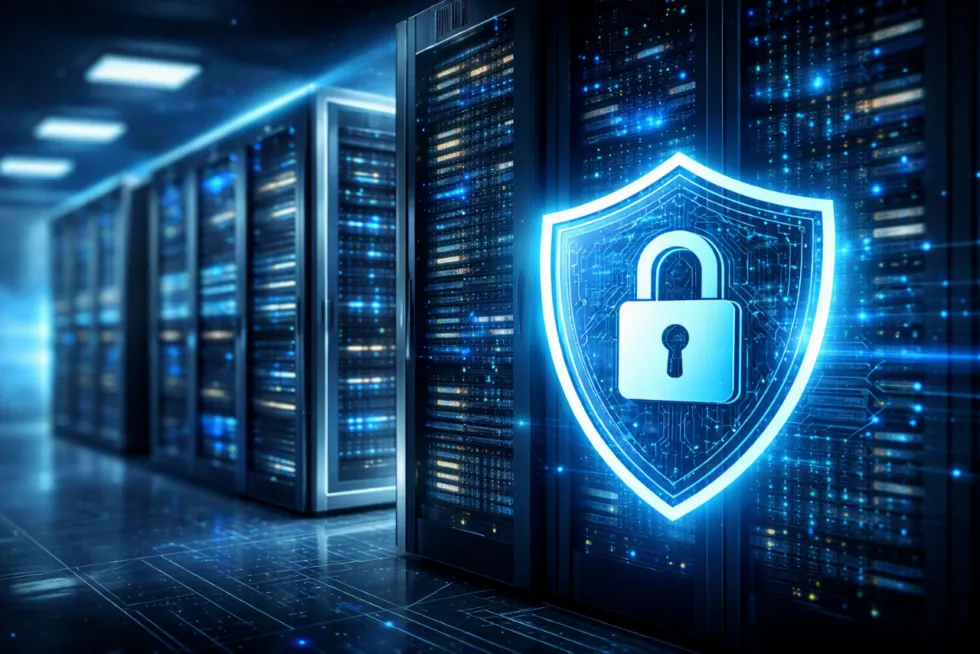 Server racks behind a glowing padlock shield, for secure website hosting