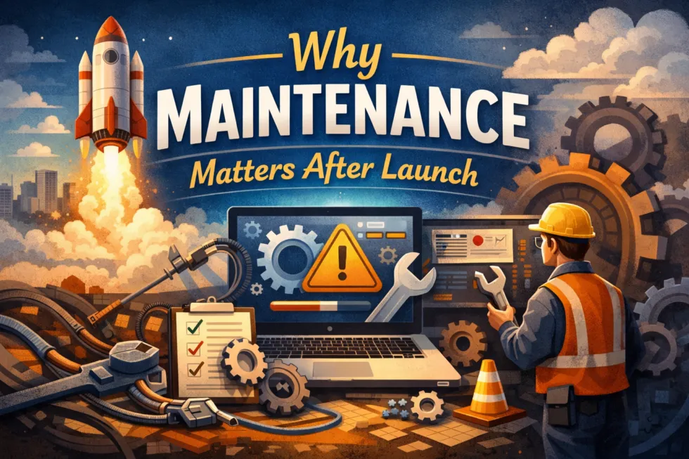 “Why maintenance matters after launch”: a rocket lifts off while a technician fixes a website