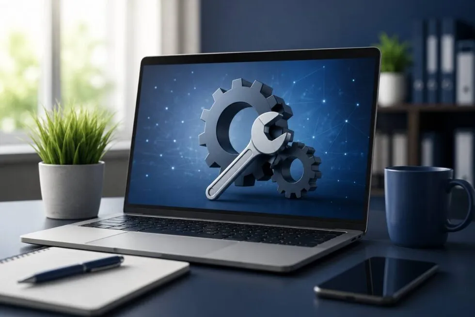 Laptop showing a gear and a wrench, for website maintenance
