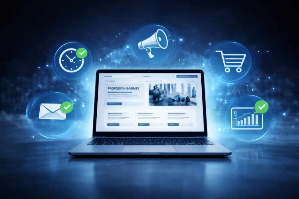 Laptop showing a business website, ringed by email, sales, enquiry and announcement icons